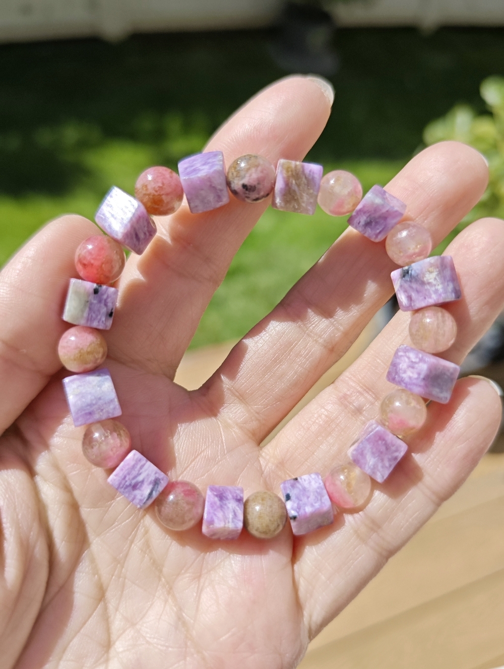 A Floral Symphony: Creative Pink Rhodonite & Royal Charoite Bracelet